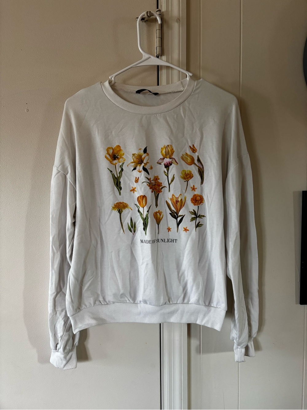 SHEIN White Sweatshirt with Yellow & Green Floral Print